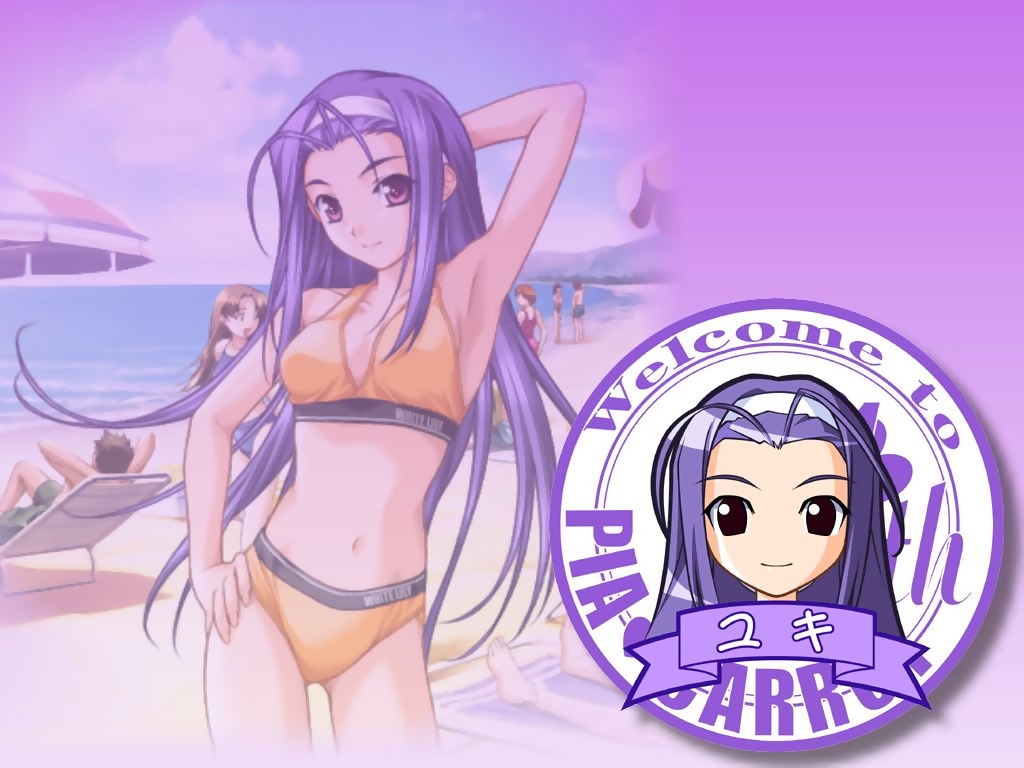 hashimoto takashi, kamizuka yuki, kotonomiya yuki, pia carrot (series), pia carrot e youkoso!!, pia carrot e youkoso!! 3, non-web source, 1990s (style), 2boys, 4girls, antenna hair, armpits, beach, bikini, chibi, hand on own hip, hip focus, long hair, multiple boys, multiple girls, pink eyes, purple eyes, purple hair, retro artstyle, smile, swimsuit, very long hair