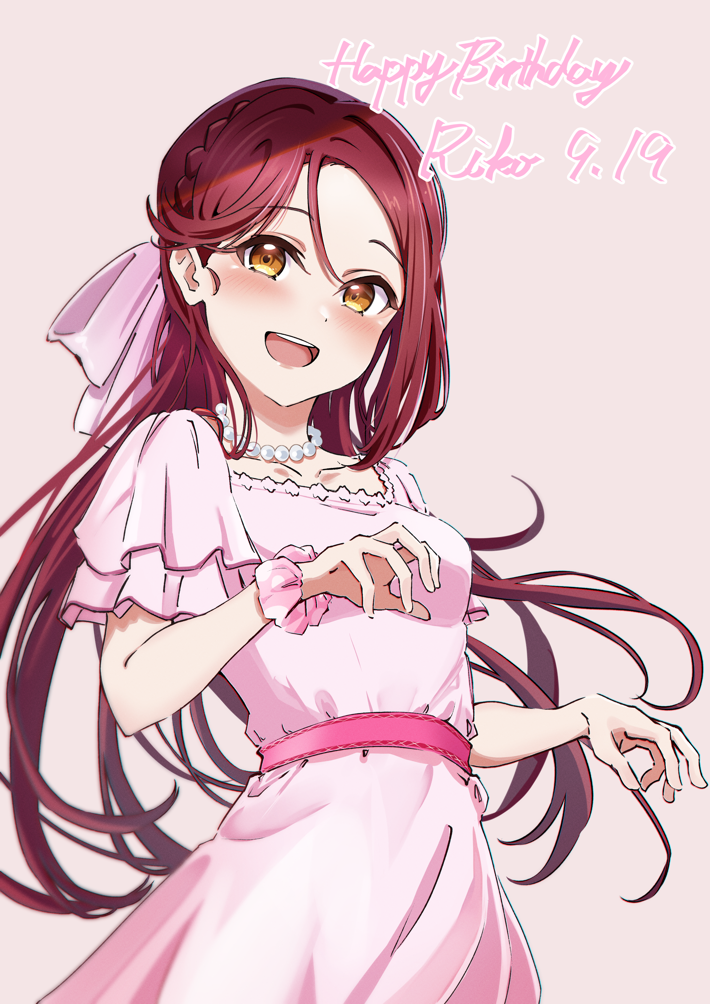 frontrivers kae, sakurauchi riko, love live!, love live! sunshine!!, absurdres, commentary request, highres, 1girl, birthday, blush, breasts, character name, collarbone, dated, dress, english text, hair ornament, half updo, happy birthday, jewelry, long hair, looking at viewer, necklace, pink dress, pink scrunchie, red hair, scrunchie, small breasts, wrist scrunchie, yellow eyes