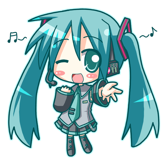 minami (colorful palette), chibi miku, hatsune miku, vocaloid, 1girl, aqua eyes, aqua hair, chibi, female focus, long hair, microphone, music, necktie, one eye closed, singing, skirt, solo, thighhighs, twintails, wink