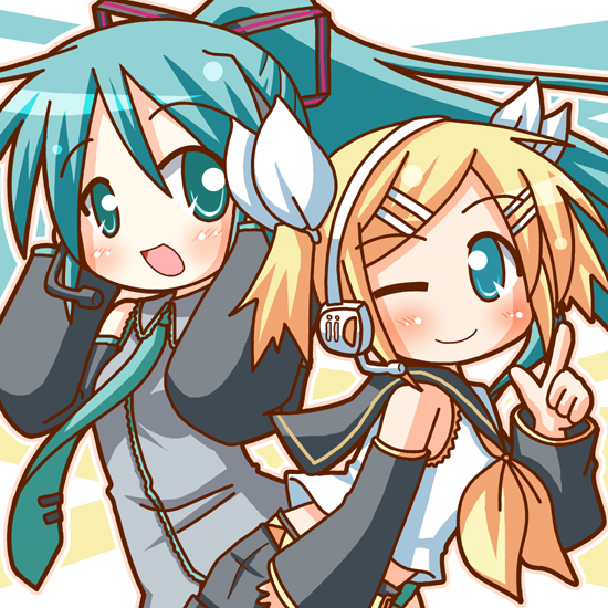 minami (colorful palette), hatsune miku, kagamine rin, vocaloid, alternate hairstyle, aqua eyes, aqua hair, blonde hair, blue eyes, detached sleeves, hair ribbon, long hair, microphone, necktie, ponytail, ribbon, short hair