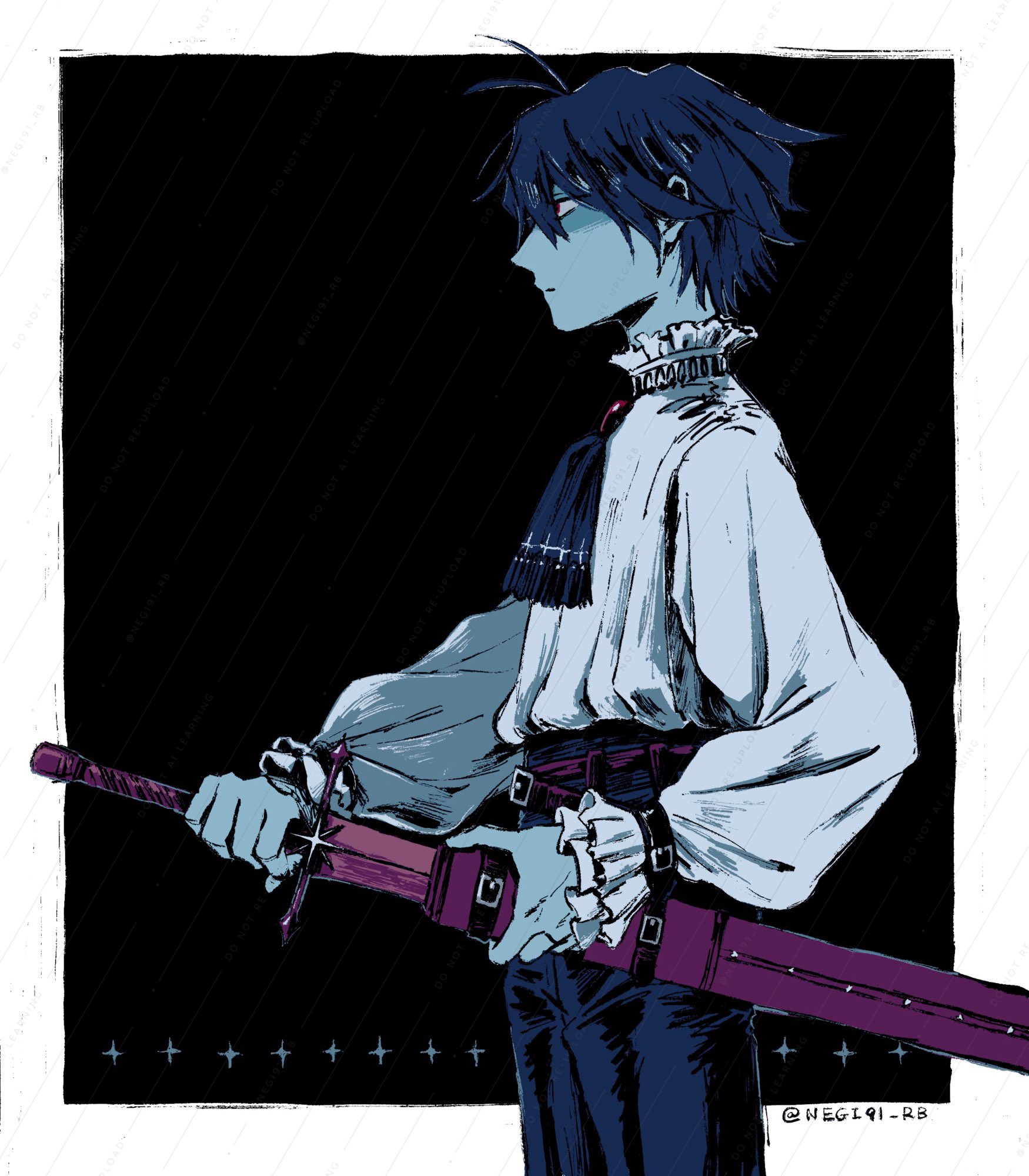 negio (negi91 rb), kris (deltarune), deltarune, utdr (toby fox), highres, 1other, alternate costume, ascot, belt buckle, blue hair, blue skin, buckle, colored skin, frilled shirt, frilled shirt collar, frills, holding, holding sword, holding weapon, puffy sleeves, red eyes, sheath, shirt, short hair, simple background, sword, unsheathing, weapon, white ascot, white shirt