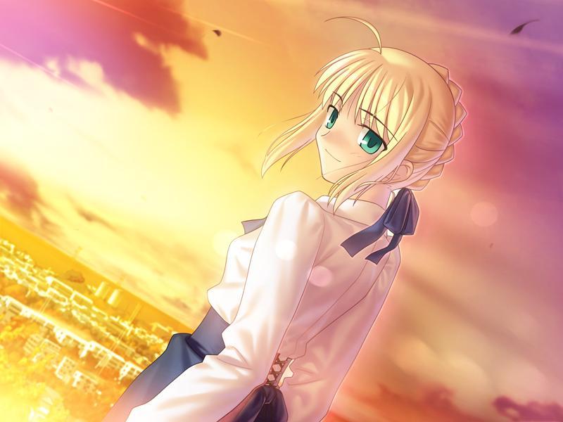 takeuchi takashi, artoria pendragon (fate), saber (fate), fate/stay night, fate (series), game cg, 00s, 1girl, blonde hair, blouse, braid, female focus, green eyes, hair ribbon, ribbon, shirt, short hair, sky, solo, sunset