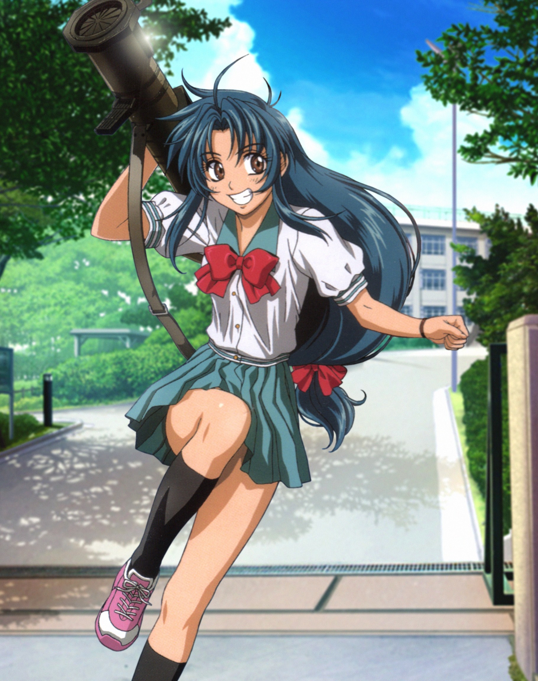 chidori kaname, full metal panic!, highres, third-party edit, 00s, 1girl, blue hair, brown eyes, female focus, flat chest, long hair, low-tied long hair, rocket launcher, school uniform, smile, solo, weapon