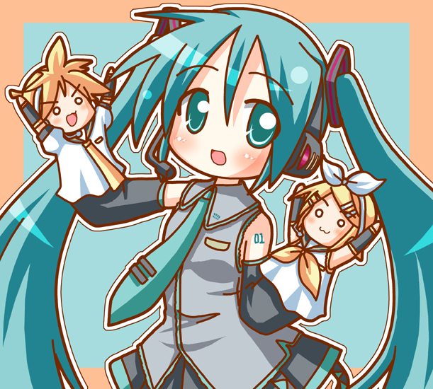 minami (colorful palette), hatsune miku, kagamine len, kagamine rin, vocaloid, :3, aqua eyes, aqua hair, detached sleeves, hand puppet, long hair, necktie, o o, puppet, twintails