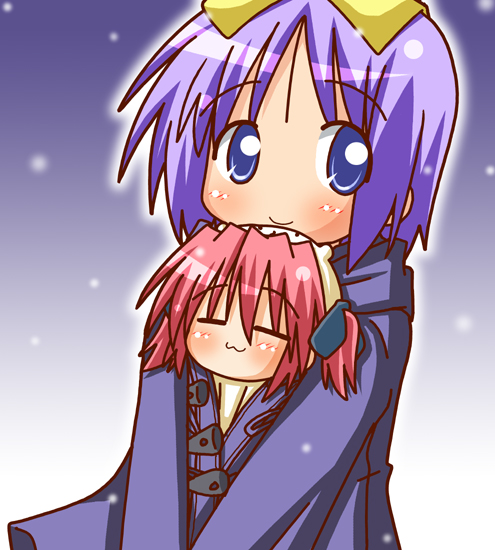 minami (colorful palette), bear yutaka, hiiragi tsukasa, kobayakawa yutaka, lucky star, 00s, :3, blue eyes, chibi, purple hair, red hair, short hair