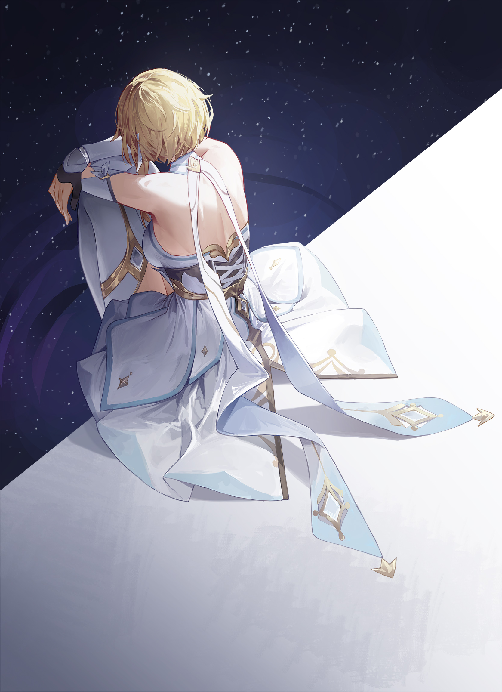 cotta (heleif), lumine (genshin impact), genshin impact, hashtag-only commentary, highres, 1girl, arm guards, backless dress, backless outfit, bare shoulders, black gloves, blonde hair, boots, dress, from above, from behind, gloves, partially fingerless gloves, short hair, sitting, solo, thigh boots, white boots, white dress