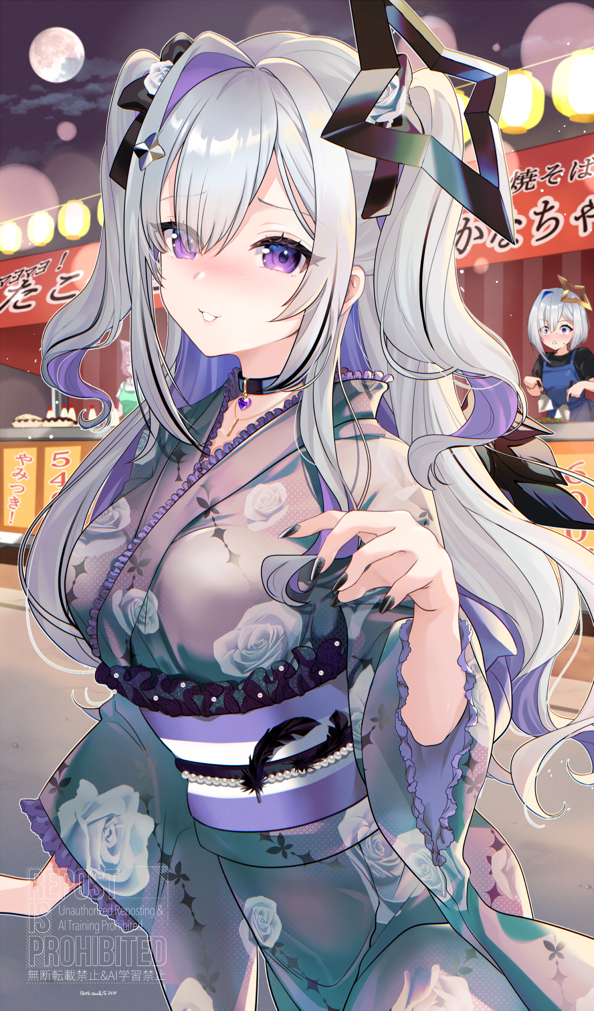 kudoukudokudo, amane kanata, amane konata, hololive, absurdres, commentary request, highres, 2girls, alternate costume, asymmetrical bangs, black choker, black hair, black halo, black nails, black ribbon, black wings, blush, breasts, choker, colored inner hair, feathered wings, floral print, floral print kimono, frilled kimono, frills, grey hair, grey kimono, grin, hair over one eye, hair ribbon, halo, japanese clothes, kimono, large breasts, long hair, looking at viewer, mini wings, multicolored hair, multiple girls, nail polish, night, obi, outdoors, parted lips, print kimono, purple eyes, purple hair, purple sash, ribbon, sash, single hair intake, smile, solo focus, star halo, streaked hair, summer festival, two side up, virtual youtuber, wide sleeves, wings