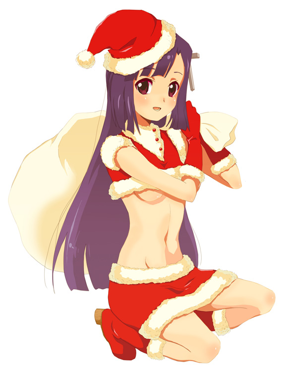 kachiku, shiryou ningen, zange, kannagi, 00s, 1girl, breasts, capelet, christmas, cross, female focus, gloves, hat, long hair, midriff, navel, purple hair, red gloves, sack, santa costume, santa hat, small breasts, solo, underboob