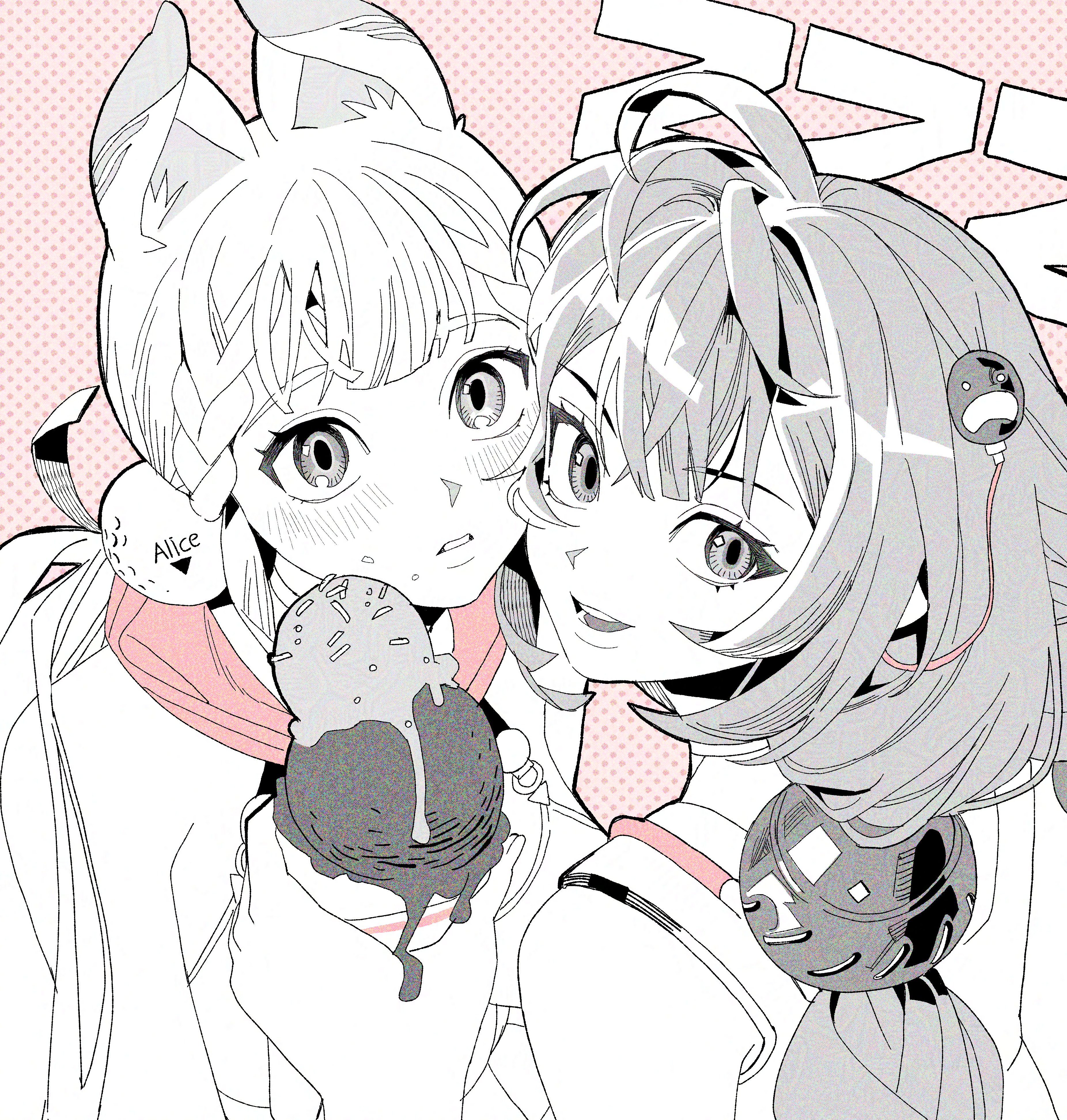 pd honey, alice thymefield, alice thymefield (sea of thyme), ukinami yuzuha, ukinami yuzuha (tanuki in broad daylight), zenless zone zero, absurdres, highres, 2girls, animal ear fluff, animal ears, bare shoulders, blush, dress swimsuit, food, hair ornament, hearing aid, holding, holding food, holding ice cream, ice cream, long hair, looking at viewer, looking back, looking to the side, melting ice cream, mosaic background, multiple girls, open mouth, partially colored, pink background, rabbit ears, rabbit girl, sphere hair ornament, swimsuit, teeth, tongue, twintails