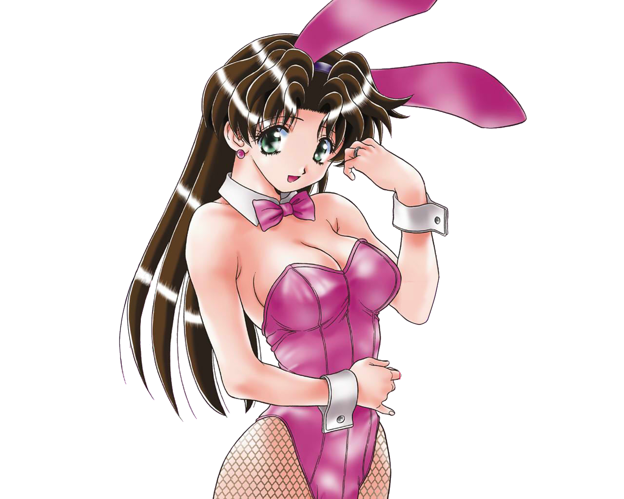 katsu aki, onoda yura, futari ecchi, 1girl, animal ears, black hair, bow, bowtie, breasts, brown hair, cleavage, earrings, fake animal ears, female focus, fishnet pantyhose, fishnets, green eyes, jewelry, large breasts, long hair, no bra, pantyhose, pinky out, playboy bunny, rabbit ears, ring, shiny clothes, simple background, smile, solo, standing, wavy hair, wrist cuffs