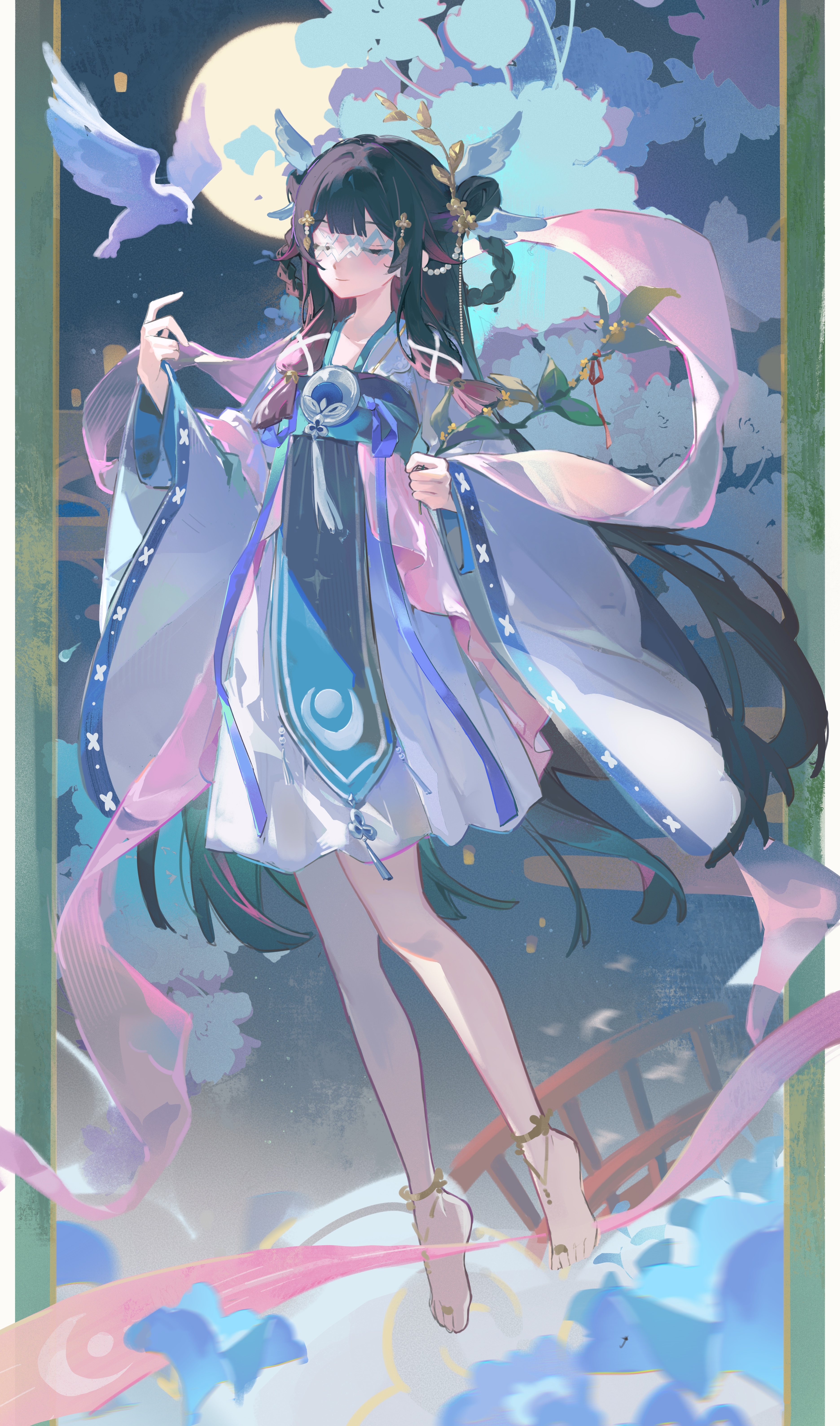 yuki (miyuki kii), columbina (genshin impact), genshin impact, absurdres, chinese commentary, commentary request, highres, 1girl, alternate costume, alternate hairstyle, bird, black hair, braid, closed eyes, closed mouth, double bun, eye mask, full moon, hagoromo, hair bun, hair ornament, hair rings, head wings, holding, holding plant, long hair, moon, multicolored hair, no pants, pink hair, plant, sash, shawl, solo, streaked hair, twin braids, two-tone hair, very long hair, white bird, white wings, wide sleeves, wings