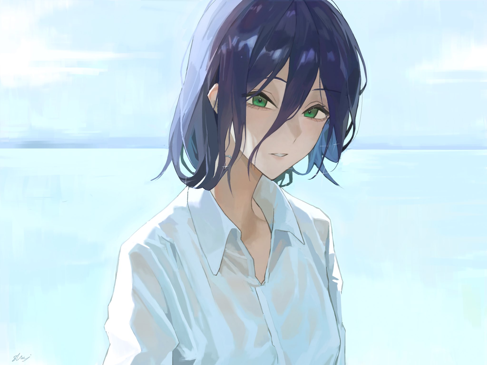 x0195195796238, reze (chainsaw man), chainsaw man, commentary request, highres, 1girl, :o, black hair, dress shirt, green hair, grenade pin, hair between eyes, long hair between eyes, looking at viewer, open collar, outdoors, shirt, solo, upper body, wet, wet clothes, wet shirt, white shirt