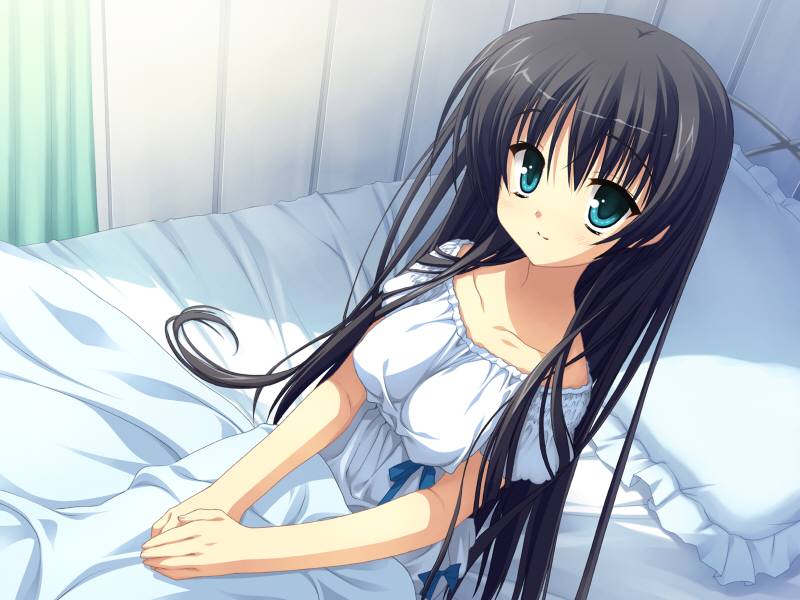 kobuichi, muririn, kousaka chihaya, natsuzora kanata, game cg, jpeg artifacts, non-web source, 1girl, aqua eyes, bed, black hair, blue eyes, female focus, lingerie, long hair, nightgown, pillow, smile, solo, underwear