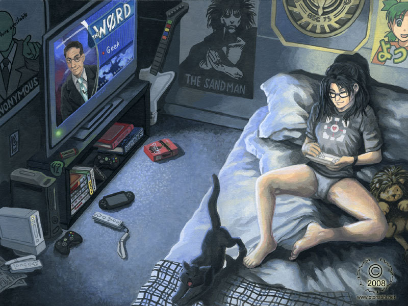 kacey miyagami, anonymous (4chan), koiwai yotsuba, stephen colbert, 4chan, battlestar galactica, colbert report, guitar hero, nintendo, portal (series), portal 1, the sandman, yotsubato!, traditional media, aperture science weighted companion cube, barefoot, bed, black hair, book, cameltoe, cat, closed eyes, feet, food, game console, glasses, guitar, handheld game console, instrument, lion, lying, nintendo ds, otaku room, panties, playing, playing games, playstation portable, pocky, poster (object), posters, solo, spread legs, stuffed animal, stuffed toy, television, underwear, wii, xbox (original), xbox 360