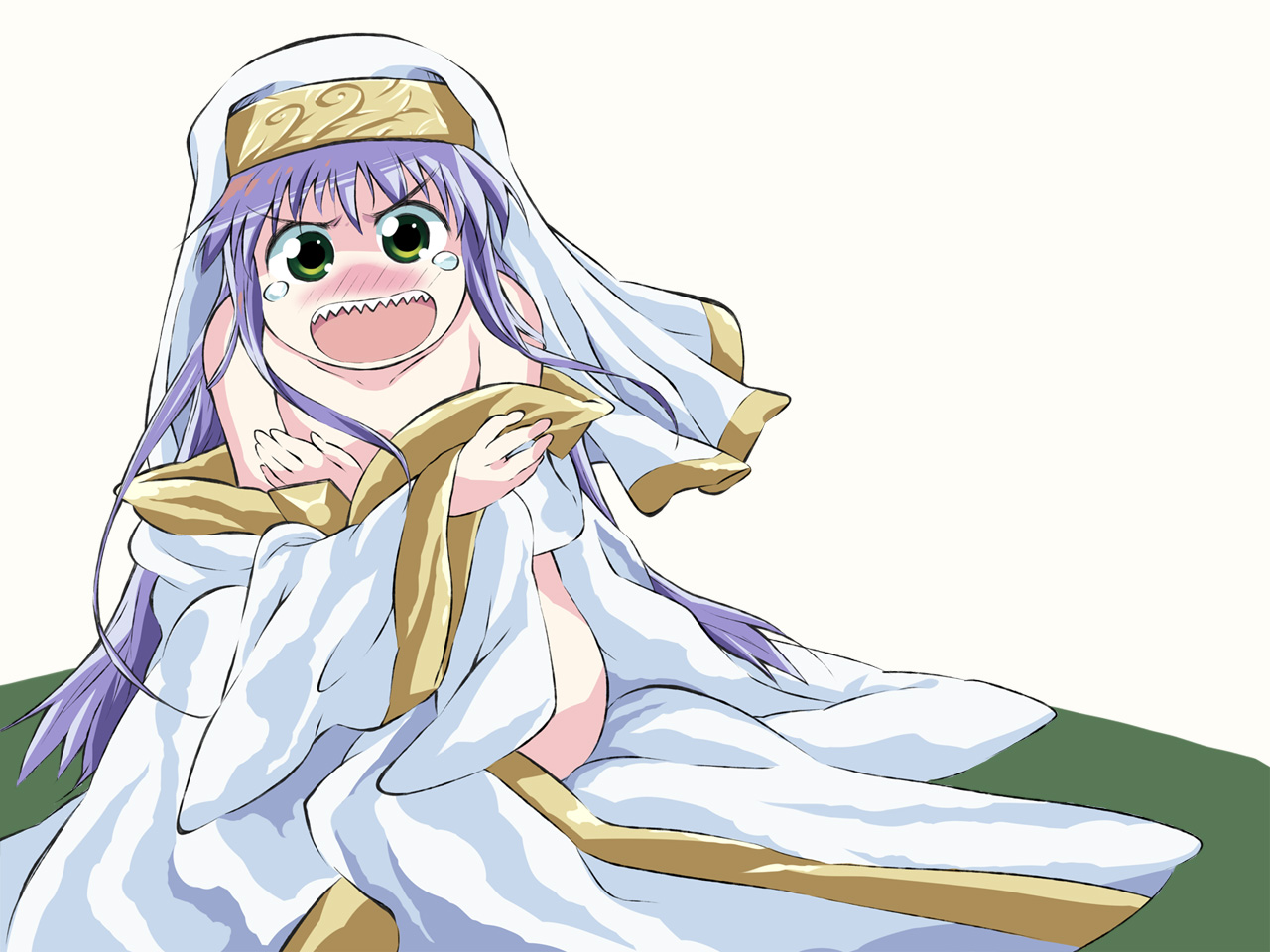 otonashi matsuri, index (toaru majutsu no index), toaru majutsu no index, non-web source, 00s, blue hair, blush, green eyes, long hair, purple hair, solo, tears, teeth, undressing
