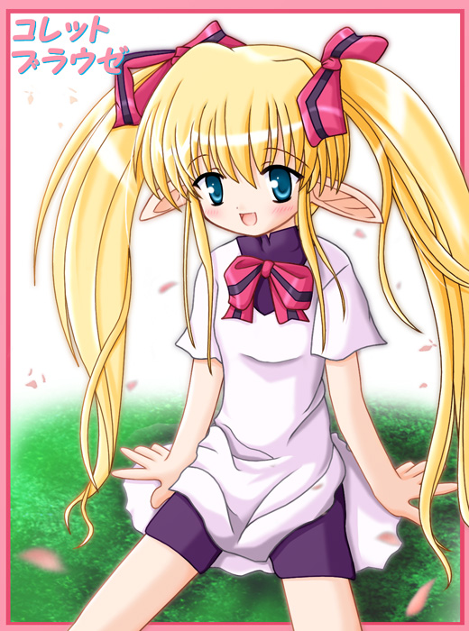 colette brause, pastel chime, pastel chime -koi no skill up-, 1girl, :d, arm support, bike shorts, blonde hair, blue eyes, blurry, blush, border, bow, bowtie, character name, dress, female focus, flat chest, grass, hair between eyes, hair bow, long hair, long pointy ears, looking at viewer, motion blur, on ground, open mouth, outdoors, petals, pointy ears, school uniform, short dress, shorts, shorts under dress, shorts under skirt, sidelocks, sitting, smile, solo, turtleneck, twintails, very long hair