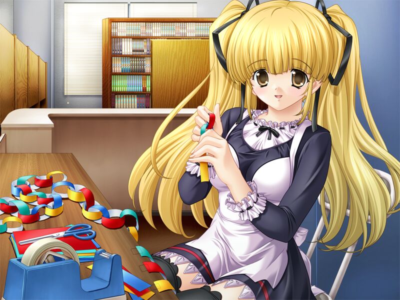 nekoneko soft, game cg, 1girl, blonde hair, female focus, long hair, scissors, solo, tape, thighhighs, twintails, yellow eyes