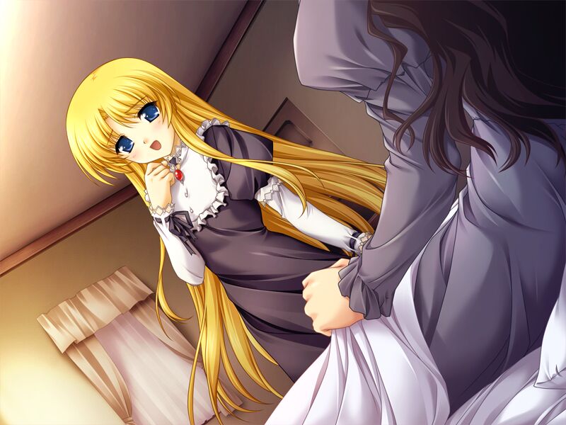 nekoneko soft, game cg, 1girl, bedside, blonde hair, blue eyes, dress, dutch angle, long hair, solo focus