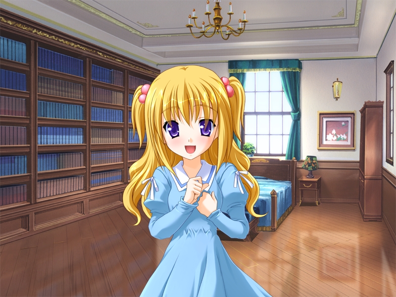 kagurazaka satsuki (akai canvas), akai canvas series nadeshiko ~aka no rasen~, game cg, non-web source, 1girl, aged down, bedroom, blonde hair, blush, child, dress, dutch angle, female focus, indoors, long hair, purple eyes, smile, solo, tachi-e, twintails