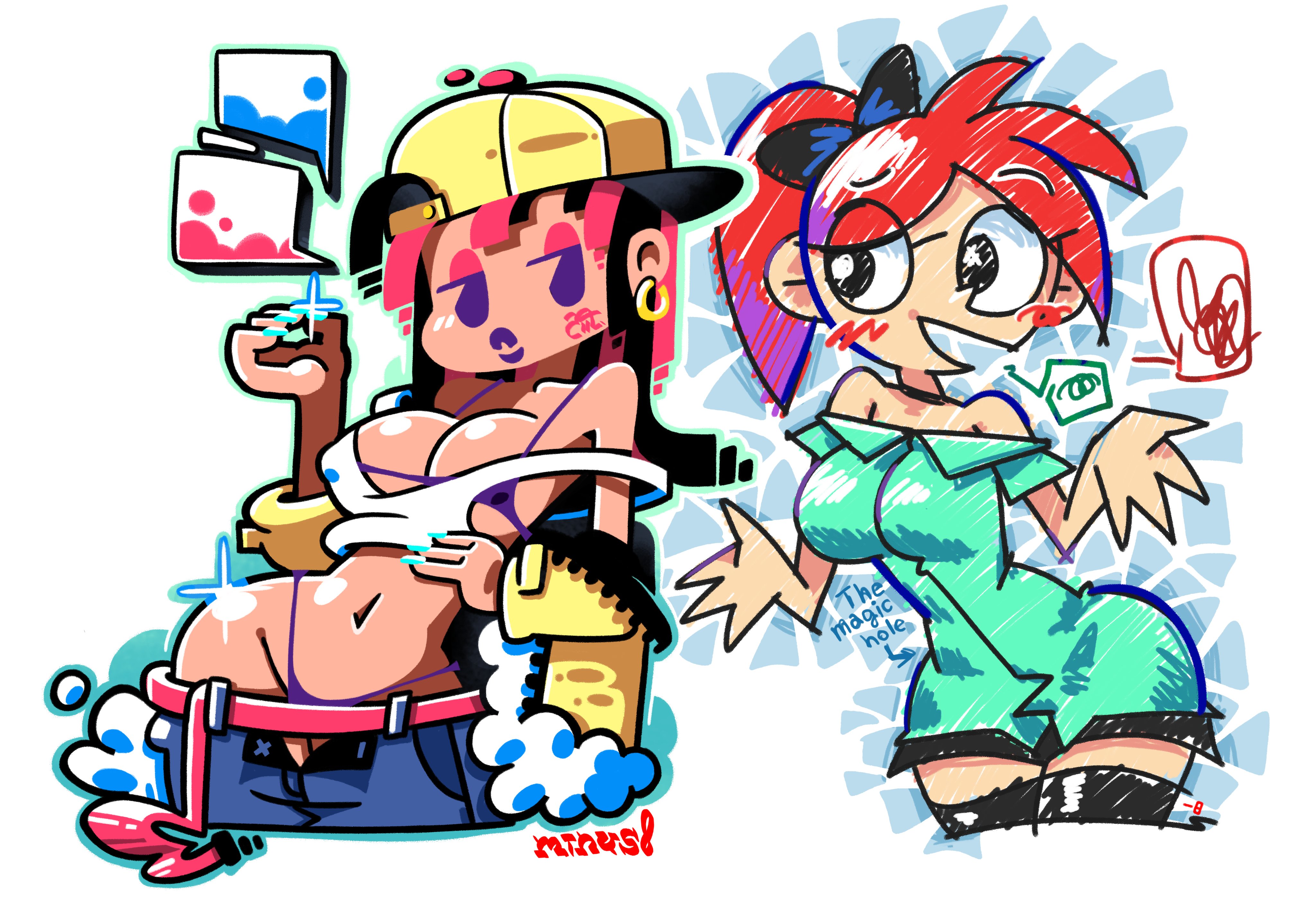 minuspal, taggi, original, absurdres, character request, highres, source request, 2girls, :o, bikini, bikini under clothes, bodypaint, breasts, cleavage, curvy, earrings, graffiti, hoop earrings, jewelry, large breasts, looking at viewer, lowleg, lowleg pants, multicolored hair, multiple girls, narrow waist, navel, nipples, open clothes, pants, parted lips, pink hair, ponytail, purple bikini, purple eyes, purple lips, pussy, pussy peek, red hair, seductive gaze, shirt, simple background, speech bubble, swimsuit, thong, thong bikini, two-tone hair, white background, white shirt, wide hips