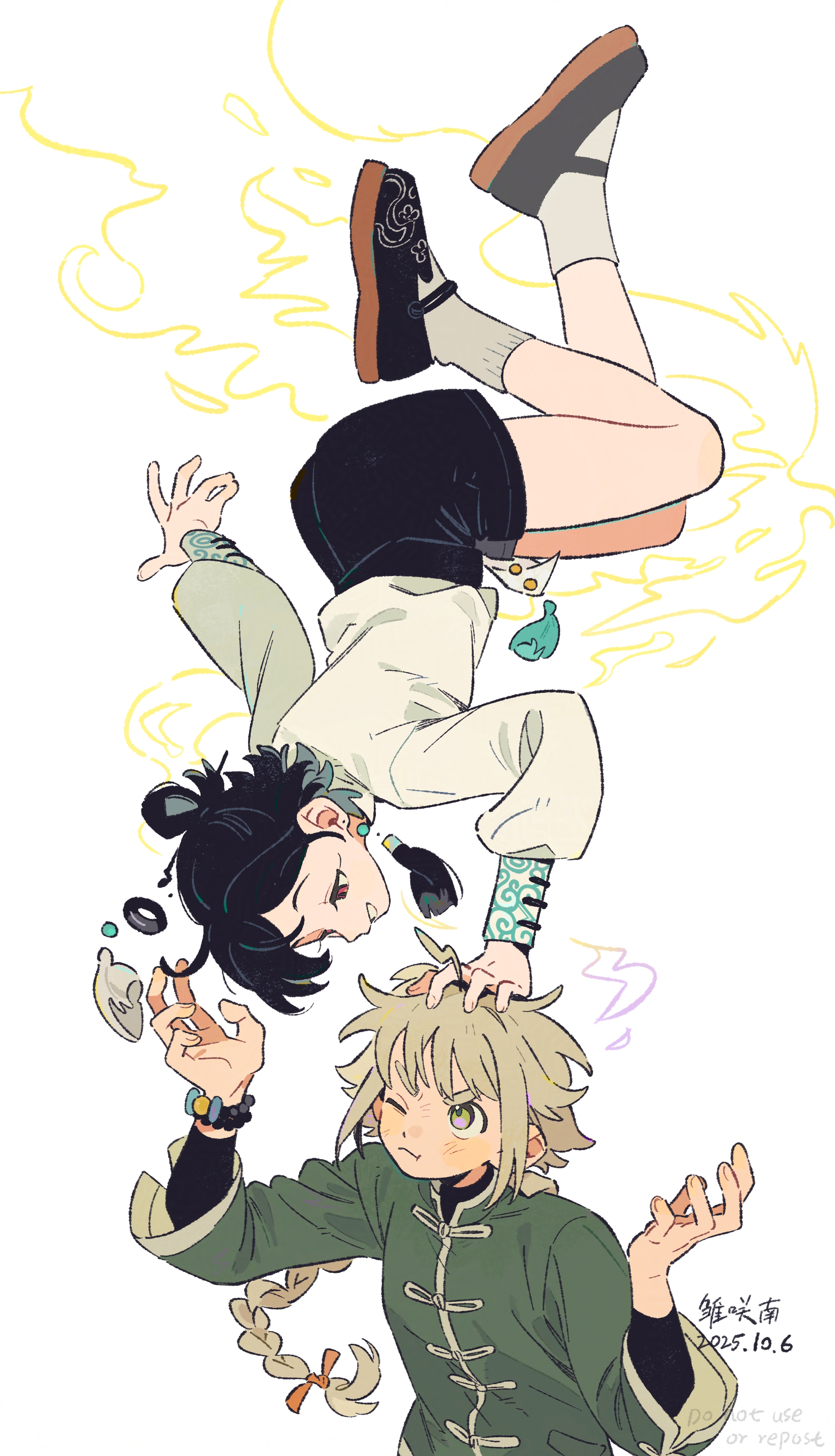 minamip, original, 2girls, black shorts, braid, braided ponytail, chinese clothes, multiple girls, short hair, shorts, upside-down, white background