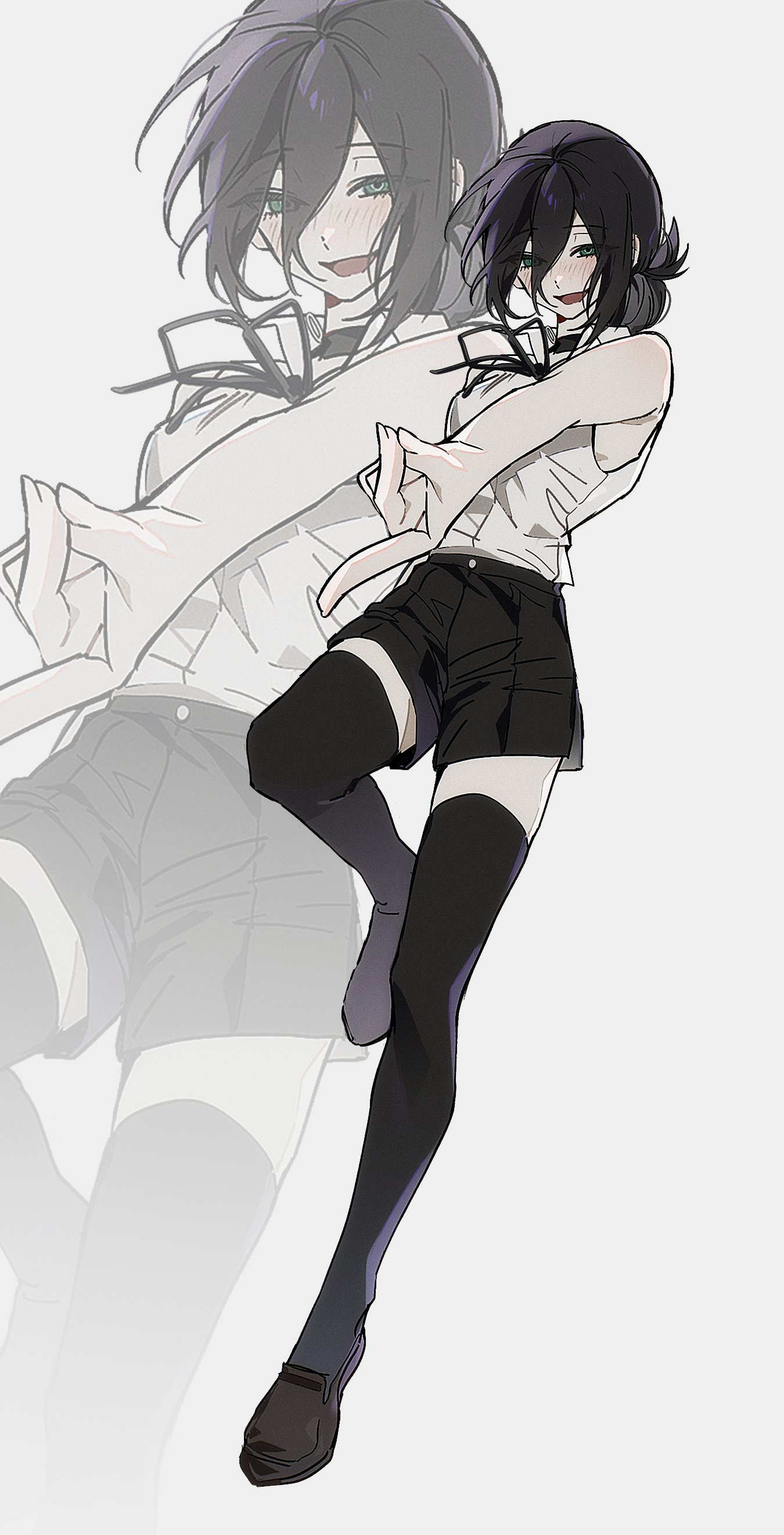 reze (chainsaw man), chainsaw man, artist request, 1girl, bare arms, black hair, black skirt, black thighhighs, shirt, short hair, skirt, sleeveless, sleeveless shirt, solo, thighhighs, white shirt