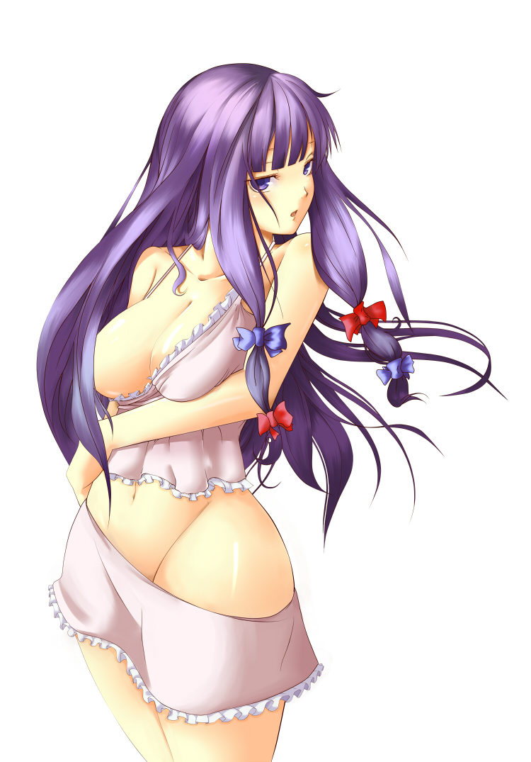 ppr, patchouli knowledge, touhou, bad id, bad pixiv id, 1girl, aged up, breasts, camisole, cleavage, clothes pull, female focus, groin, large breasts, lingerie, long hair, looking at viewer, midriff, no headwear, purple eyes, purple hair, shirt pull, simple background, solo, underwear, white background