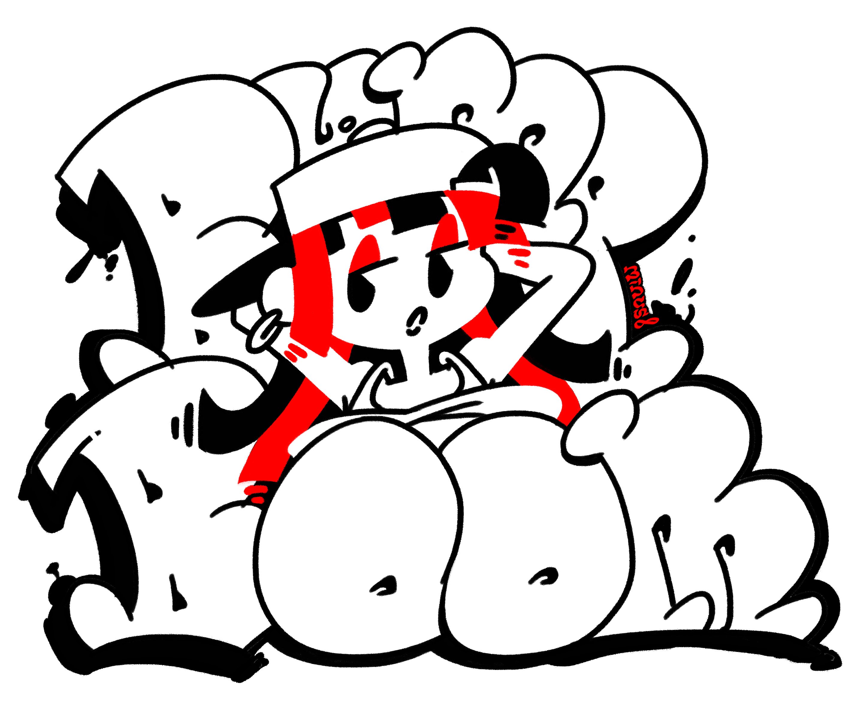 minuspal, taggi, source request, 1girl, arms up, artist name, backwards hat, baseball cap, black hair, breasts, breasts out, cleavage, earrings, english text, graffiti, hat, hoop earrings, jewelry, large breasts, long hair, looking at viewer, monochrome, multicolored hair, no bra, purple eyes, purple lips, seductive gaze, signature, simple background, solo, spray can, spray paint, two-tone hair, upper body, white background