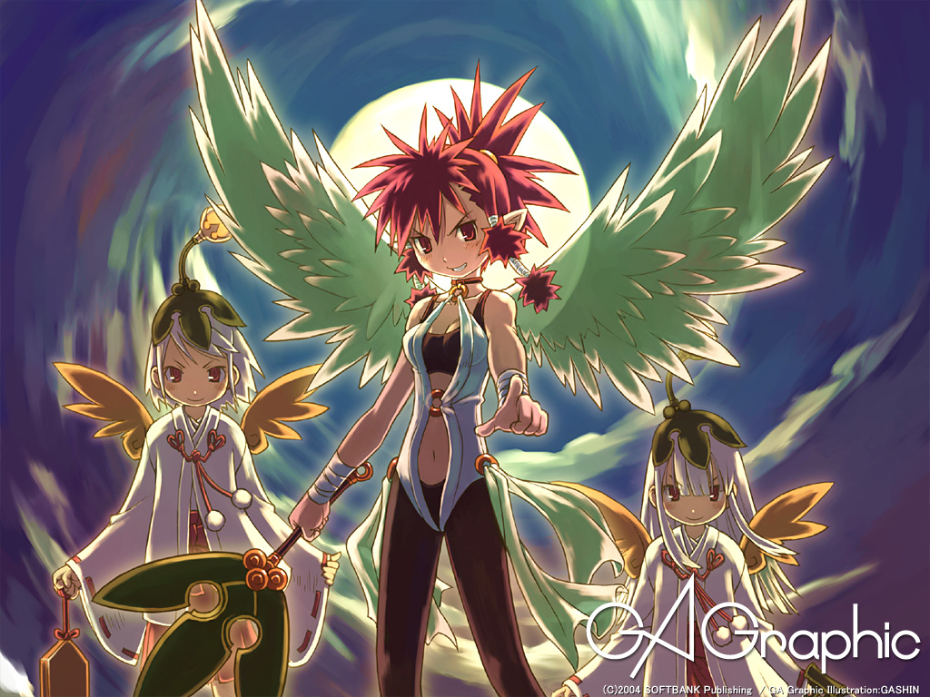 ootsuka shin'ichirou, gagraphic, tagme, 3girls, moon, multiple girls, pantyhose, wings