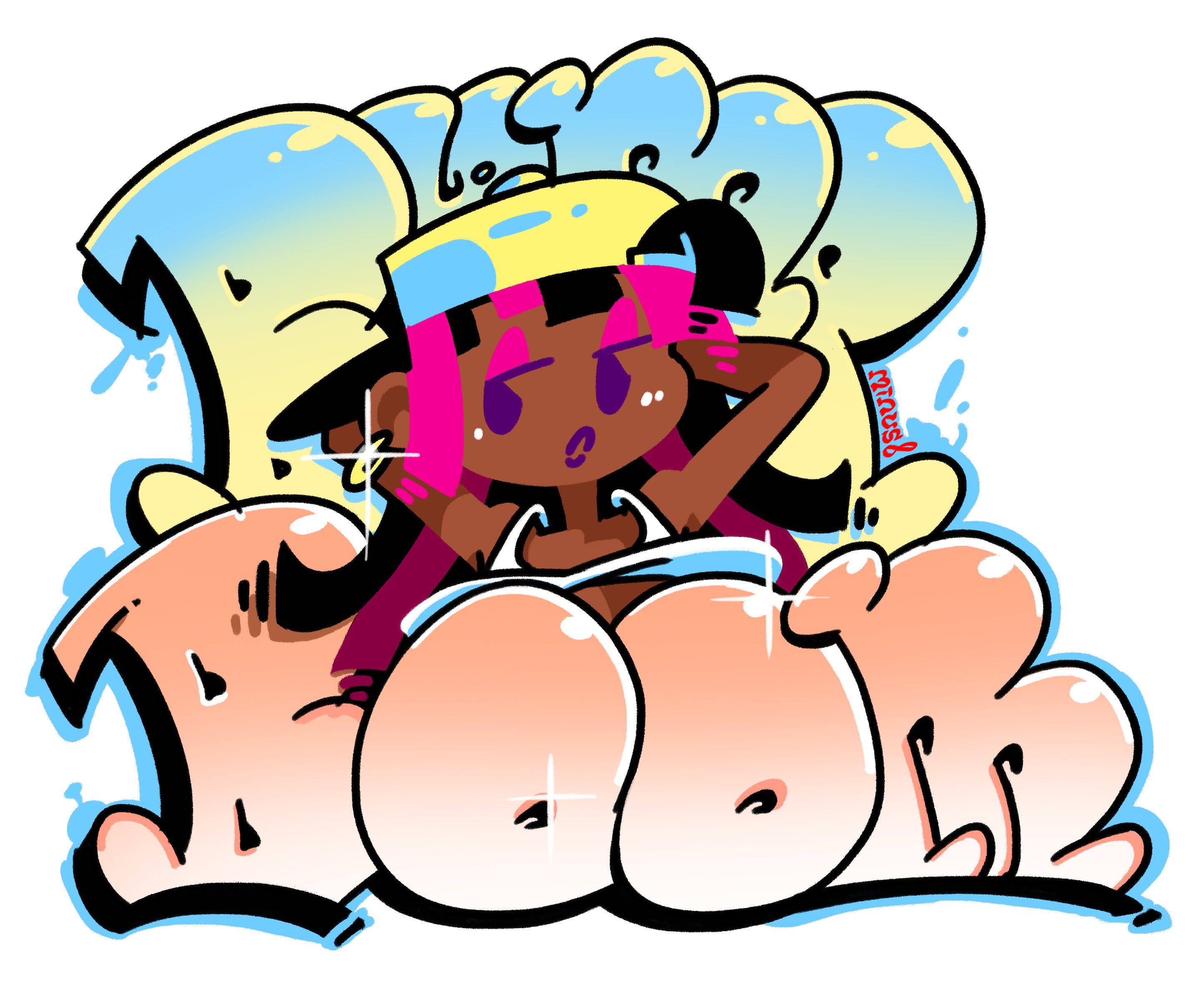 minuspal, taggi, source request, 1girl, arms up, artist name, backwards hat, baseball cap, black hair, breasts, breasts out, cleavage, dark-skinned female, dark skin, earrings, english text, graffiti, hat, hoop earrings, jewelry, large breasts, long hair, looking at viewer, multicolored hair, no bra, pink hair, purple eyes, purple lips, seductive gaze, signature, simple background, solo, spray can, spray paint, two-tone hair, underwear, upper body, white background