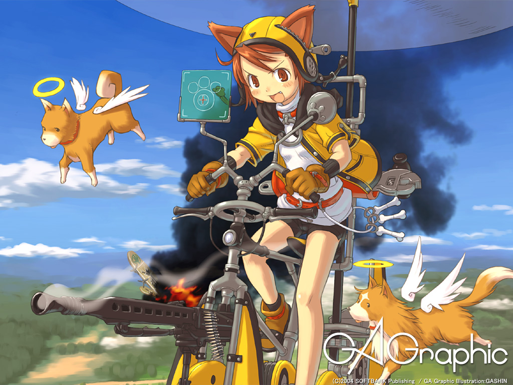 ootsuka shin'ichirou, gagraphic, 1girl, animal ears, cat ears, fang, female focus, flying, gloves, gun, gyrocopter, halo, machine, machine gun, mg42, solo, weapon, wrench, zipper