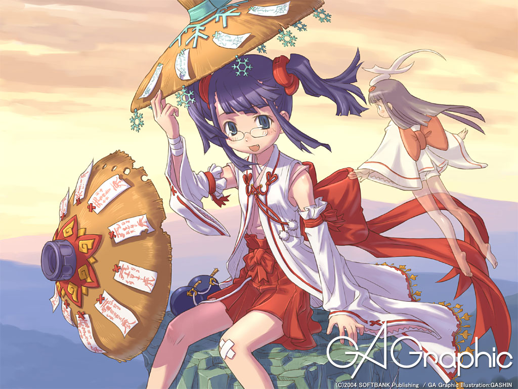 ootsuka shin'ichirou, gagraphic, 2girls, adapted uniform, hakama, hakama skirt, hat, japanese clothes, miko, multiple girls, red hakama, rice hat, skirt