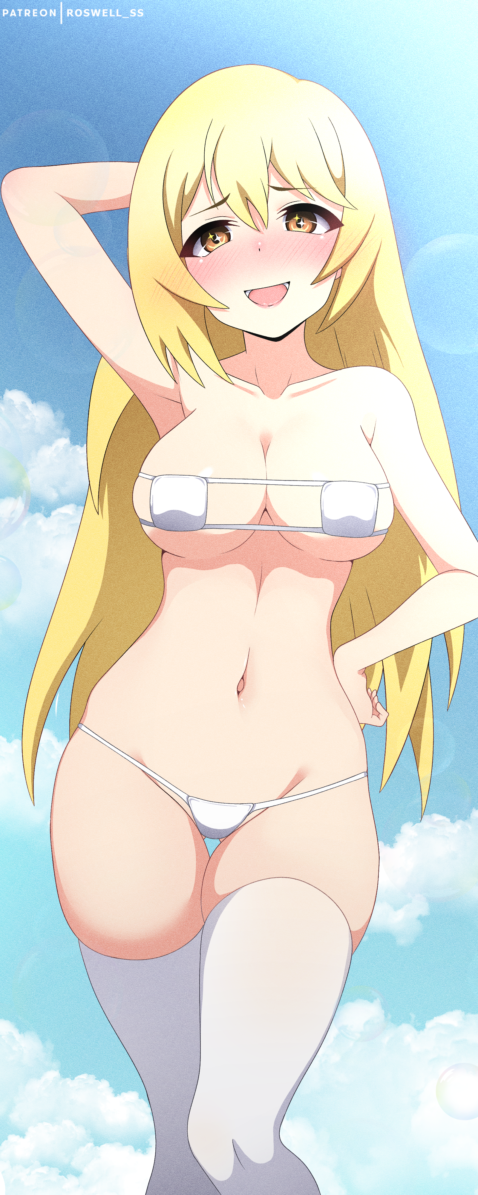 roswell ss, shokuhou misaki, toaru kagaku no mental out, toaru kagaku no railgun, toaru majutsu no index, absurdres, commentary, highres, paid reward available, 1girl, :d, alternate costume, arm behind head, bikini, blonde hair, blush, breasts, eyepatch bikini, hand on own hip, large breasts, long hair, looking at viewer, navel, open mouth, patreon username, smile, solo, sparkling eyes, swimsuit, thigh gap, thighhighs, white thighhighs, yellow eyes