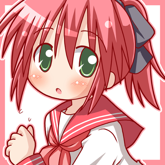minami (colorful palette), kobayakawa yutaka, lucky star, 00s, green eyes, hair ribbon, red hair, ribbon, school uniform, serafuku, solo