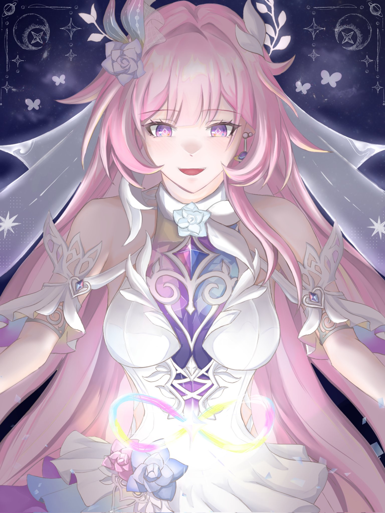 cyrene (honkai: star rail), cyrene (ripples of past reverie) (honkai: star rail), honkai: star rail, honkai (series), hashtag-only commentary, highres, 1girl, amphoreus (honkai: star rail), bare shoulders, breasts, bridal veil, diamond-shaped pupils, diamond (shape), dress, earrings, flower, h46125187, hair flower, hair ornament, halo, jewelry, large breasts, long hair, mobius strip, parted lips, pink hair, purple eyes, solo, symbol-shaped pupils, veil, very long hair, white dress