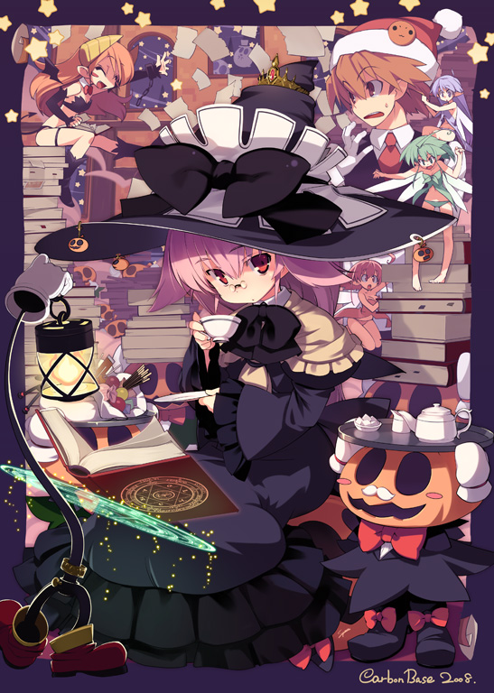 sumaki shungo, original, 1boy, 5girls, book, cup, fairy, glasses, hat, long hair, magic circle, mini person, minigirl, multiple girls, pink hair, red eyes, size difference, teacup, witch hat