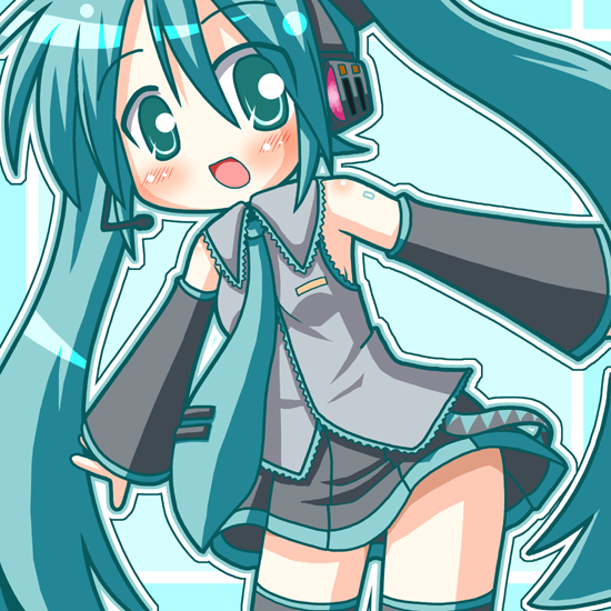 minami (colorful palette), hatsune miku, vocaloid, aqua eyes, aqua hair, detached sleeves, long hair, necktie, skirt, solo, thighhighs, twintails, zettai ryouiki