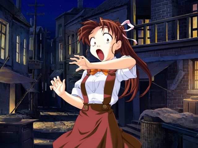 eeeeee, game cg, non-web source, 1girl, brown eyes, brown hair, female focus, long hair, night, open mouth, ponytail, road, solo, street, surprised, suspenders, vanishing point