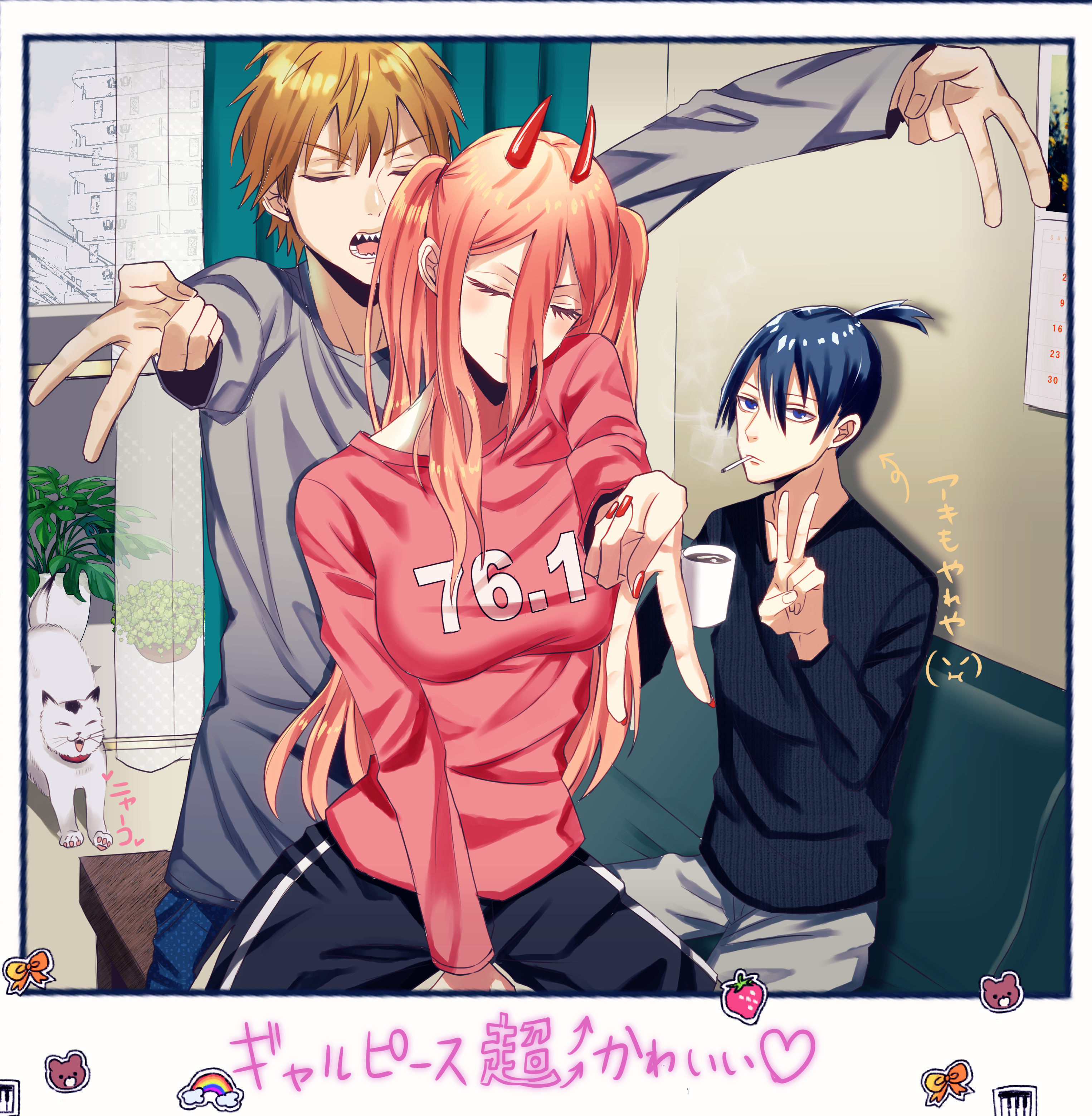 yumeniku, denji (chainsaw man), hayakawa aki, power (chainsaw man), chainsaw man, absurdres, commentary request, highres, translation request, 1girl, 2boys, black hair, black shirt, blonde hair, blush, breasts, cat, cigarette, closed eyes, coffee mug, cup, demon horns, double gyaru v, fake photograph, fingernails, grey shirt, gyaru v, hair between eyes, holding, holding cup, horns, indoors, long hair between eyes, looking at viewer, medium breasts, mouth hold, mug, multiple boys, nail polish, pink shirt, plant, polaroid photo, potted plant, sharp teeth, shirt, smoking, teeth, topknot, two side up, v, white cat