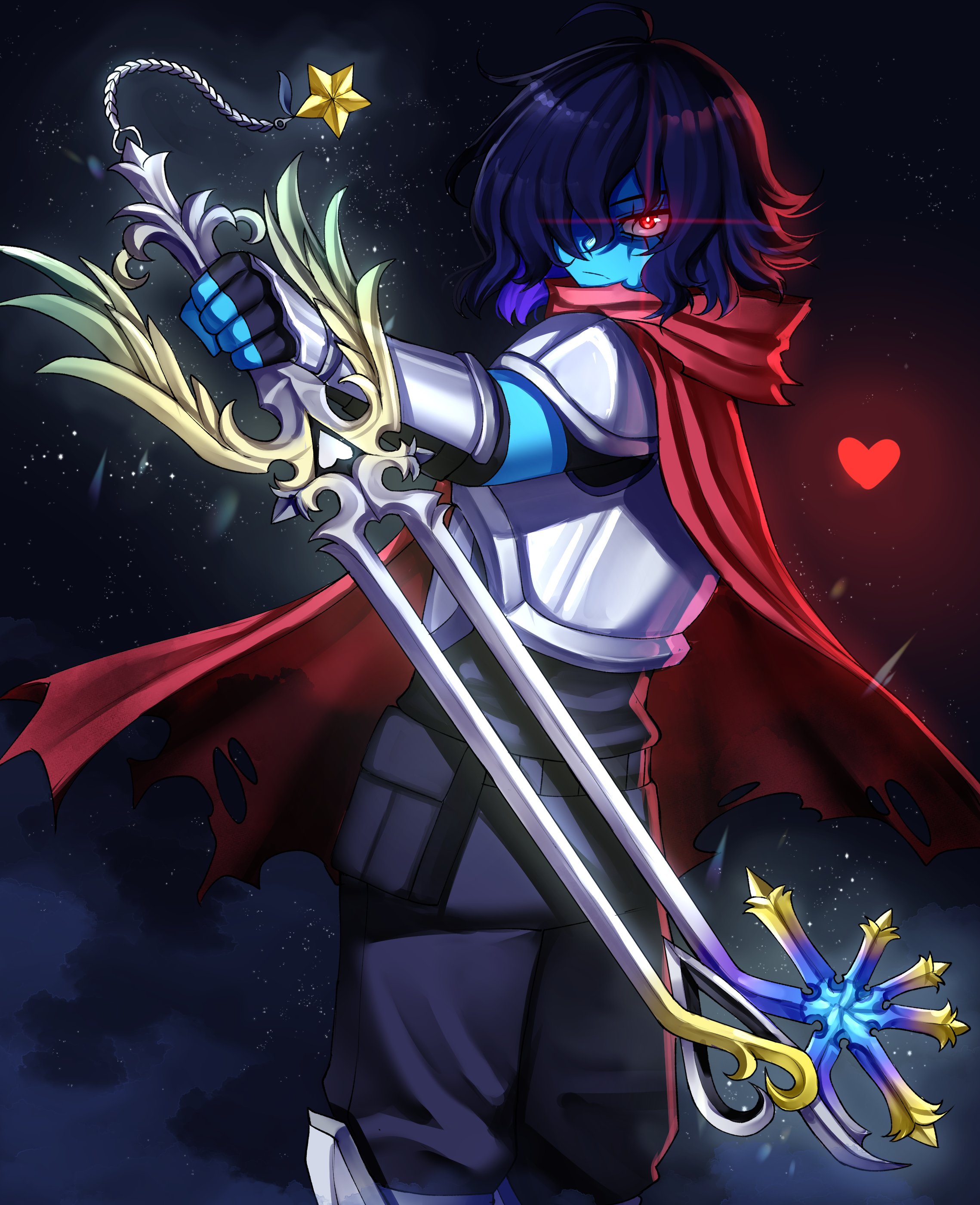 rageman709, kris (dark world) (deltarune), kris (deltarune), soul (deltarune), deltarune, utdr (toby fox), absurdres, highres, 1other, armor, blue hair, blue skin, cape, closed mouth, colored skin, crossover, heart, holding, holding weapon, keyblade, oathkeeper, red cape, red eyes, reverse grip, solo, weapon