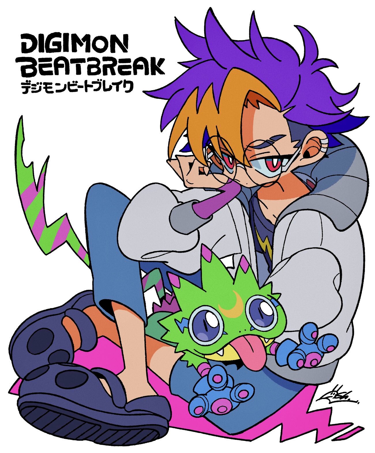 kanekoshake, gekkomon, tenma tomoro, digimon, digimon beatbreak, highres, 1boy, black shirt, blonde hair, blue hair, copyright name, digimon (creature), gecko, glasses, grey jacket, jacket, multicolored hair, round eyewear, shirt, simple background, tongue, tongue out, two-tone hair, white background