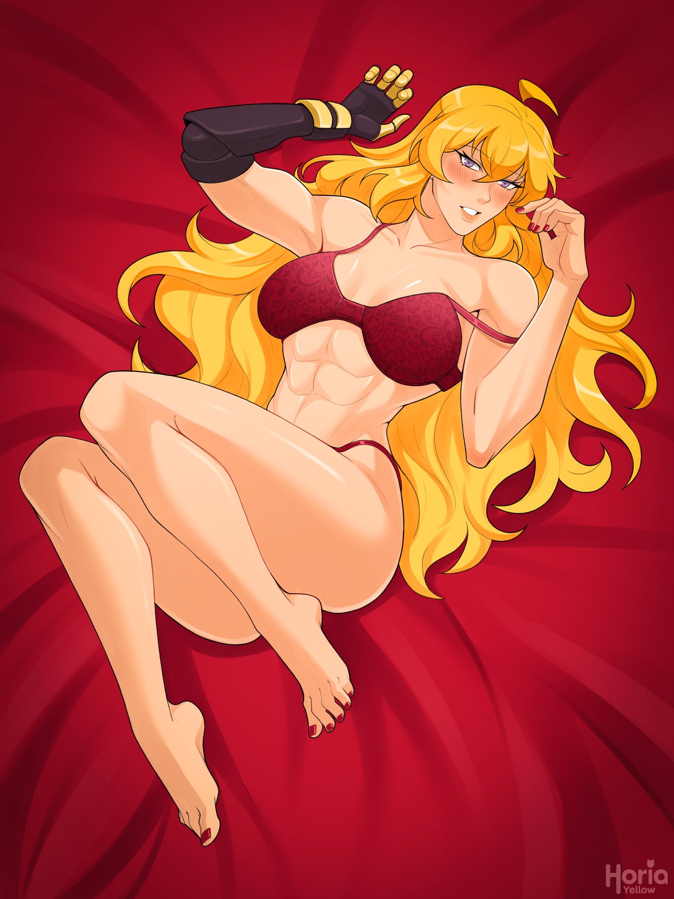 yellow nicky, yang xiao long, rwby, highres, 1girl, ahoge, artist name, bed, blonde hair, bra, breasts, cleavage, long hair, looking at viewer, mechanical arms, muscular, muscular female, navel, panties, purple eyes, red bra, red nails, red panties, single mechanical arm, smile, solo, underwear