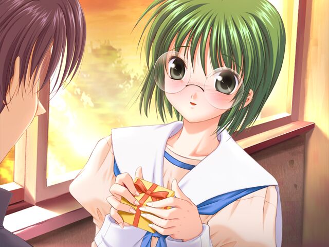 amakawa miharu, colorful heart, game cg, non-web source, 1girl, black eyes, blush, gift, glasses, green hair, holding, holding gift, school uniform, short hair, solo focus