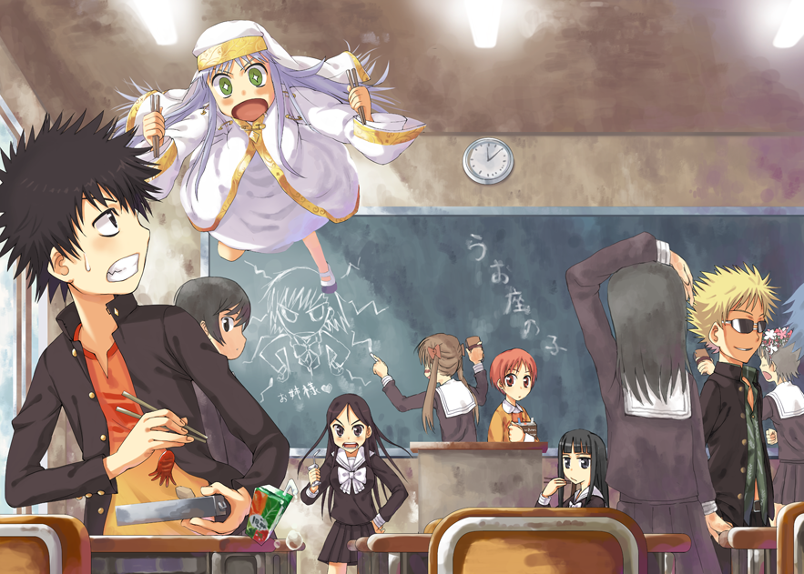 yamamoto shima, fukiyose seiri, himegami aisa, index (toaru majutsu no index), kamijou touma, misaka mikoto, tsuchimikado motoharu, tsukuyomi komoe, uiharu kazari, toaru kagaku no railgun, toaru majutsu no index, + +, 00s, 2boys, 6+girls, bento, chalkboard, chopsticks, food, food art, head wreath, jumping, multiple boys, multiple girls, pounce, school uniform, serafuku, tako-san wiener