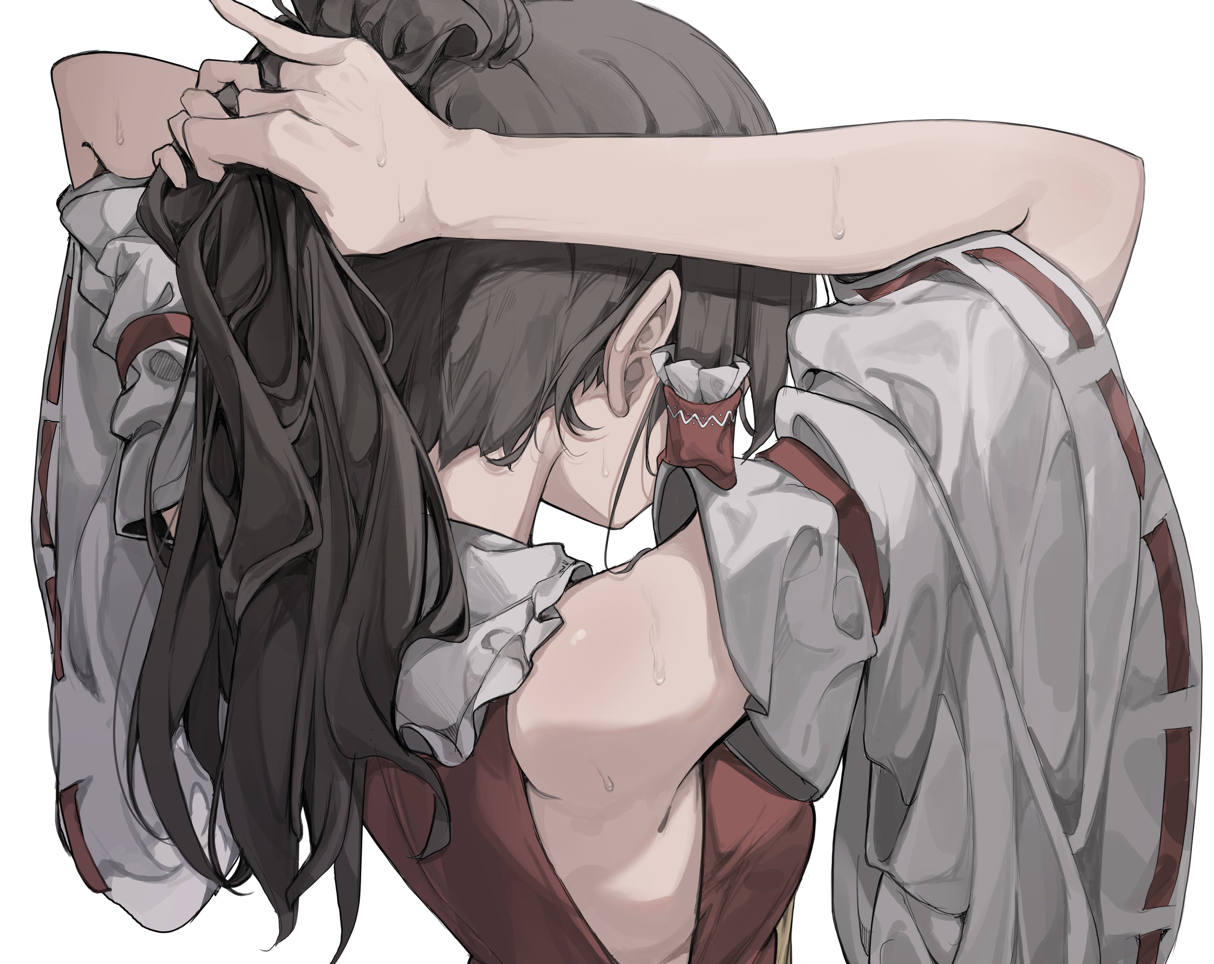 hisha (kan moko), hakurei reimu, touhou, absurdres, highres, 1girl, armpits, arms behind head, breasts, brown hair, collar, detached sleeves, frilled collar, frills, from behind, long hair, red shirt, shirt, simple background, sleeveless, sleeveless shirt, solo, sweat, white background, white sleeves, wide sleeves