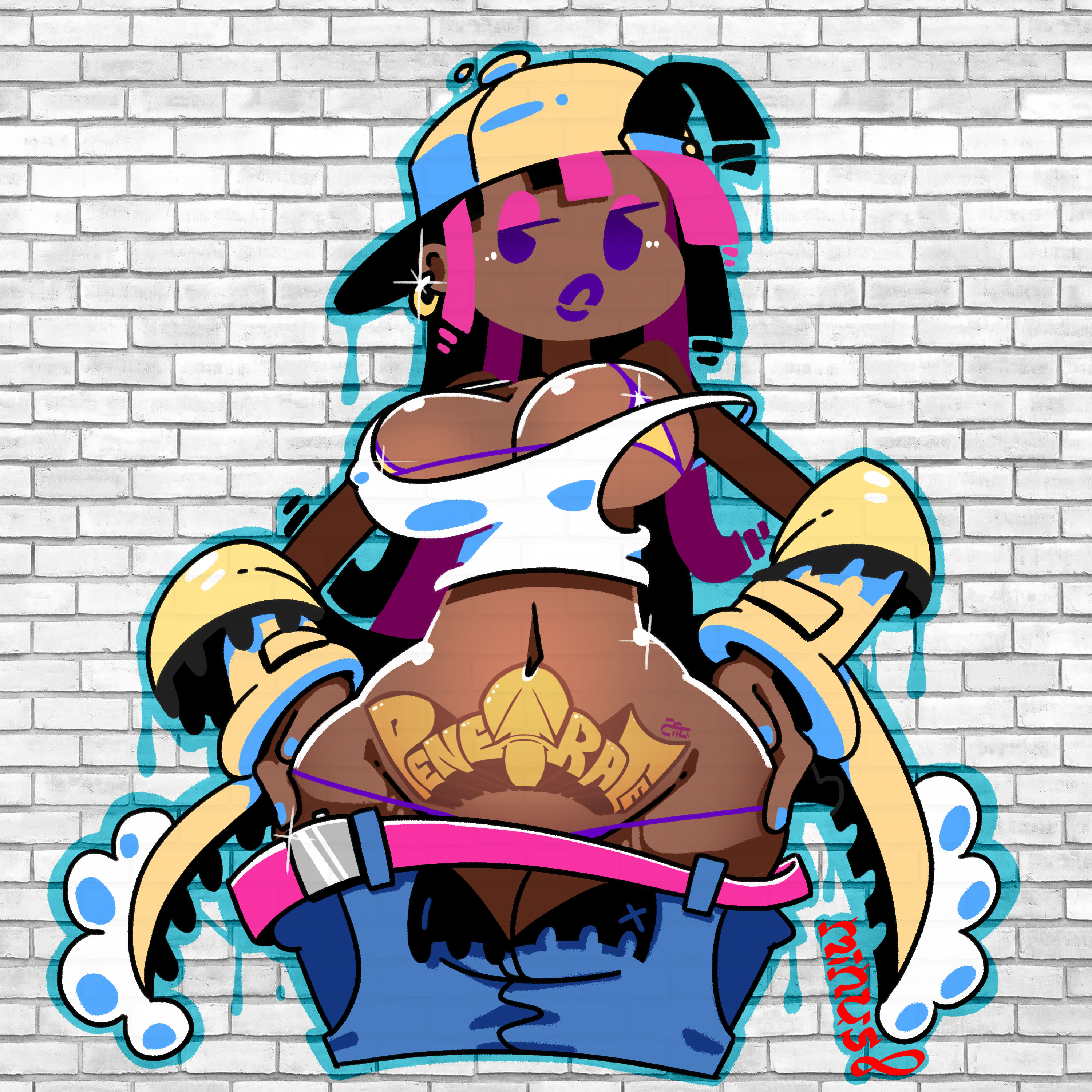 minuspal, taggi, original, absurdres, highres, 1girl, :o, bikini, bikini under clothes, bodypaint, breasts, cleavage, curvy, dark-skinned female, dark skin, earrings, english text, graffiti, hoop earrings, jewelry, large breasts, looking at viewer, multicolored bikini, multicolored hair, narrow waist, navel, nipples, open clothes, parted lips, pink hair, presenting, purple bikini, purple eyes, purple lips, pussy, pussy peek, seductive gaze, shirt, simple background, swimsuit, thong, thong bikini, twitter username, two-tone bikini, two-tone hair, undressing, white shirt, wide hips, yellow bikini