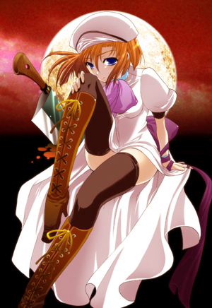 suzuragi karin, ryuuguu rena, higurashi no naku koro ni, lowres, non-web source, 00s, 1girl, billhook, blue eyes, boots, dress, female focus, hat, hatchet, nata (tool), orange hair, short hair, solo, thighhighs