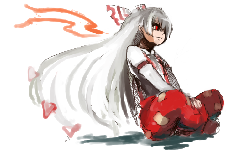 luft (luft dokka), fujiwara no mokou, susumu-sensei, touhou, 1girl, expressionless, female focus, indian style, long hair, ofuda, pants, red eyes, shaded face, simple background, sitting, solo, spread legs, very long hair, white background, white hair