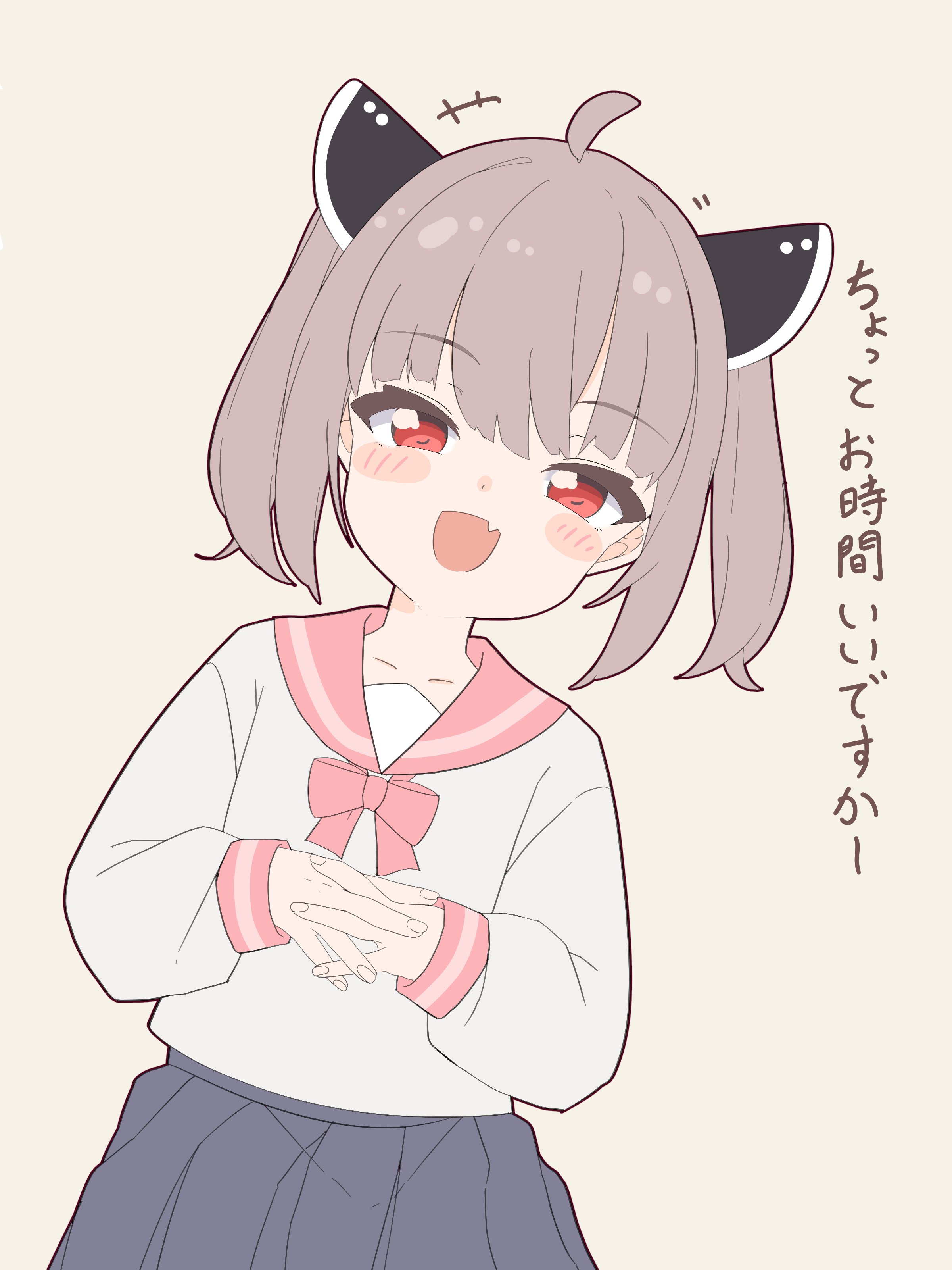 wasabi kiritan, touhoku kiritan, voiceroid, absurdres, highres, translation request, 1girl, :d, ahoge, alternate costume, black outline, blue skirt, blush stickers, bow, bowtie, brown hair, dutch angle, fang, grey background, half-closed eyes, head tilt, headgear, interlocked fingers, long sleeves, looking at viewer, open mouth, outline, own hands together, pink bow, pink bowtie, pink sailor collar, red eyes, sailor collar, school uniform, shirt, short hair, sidelocks, simple background, skin fang, skirt, smile, solo, twintails, white shirt