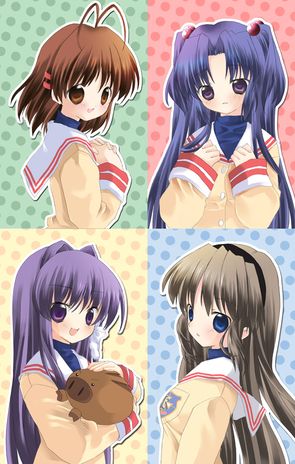 airmi, botan (clannad), fujibayashi kyou, furukawa nagisa, ichinose kotomi, sakagami tomoyo, clannad, 00s, 4girls, :d, antenna hair, blue eyes, brown hair, emblem, long sleeves, looking at viewer, multiple girls, open mouth, polka dot, polka dot background, purple hair, red hair, school uniform, short hair, simple background, smile, upper body